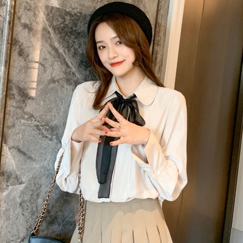 オータムルーズシャツ トップス レディース ロング リボン 大人ガーリー スウィート キュート カジュアル 秋物 ハンチェンe15919457803