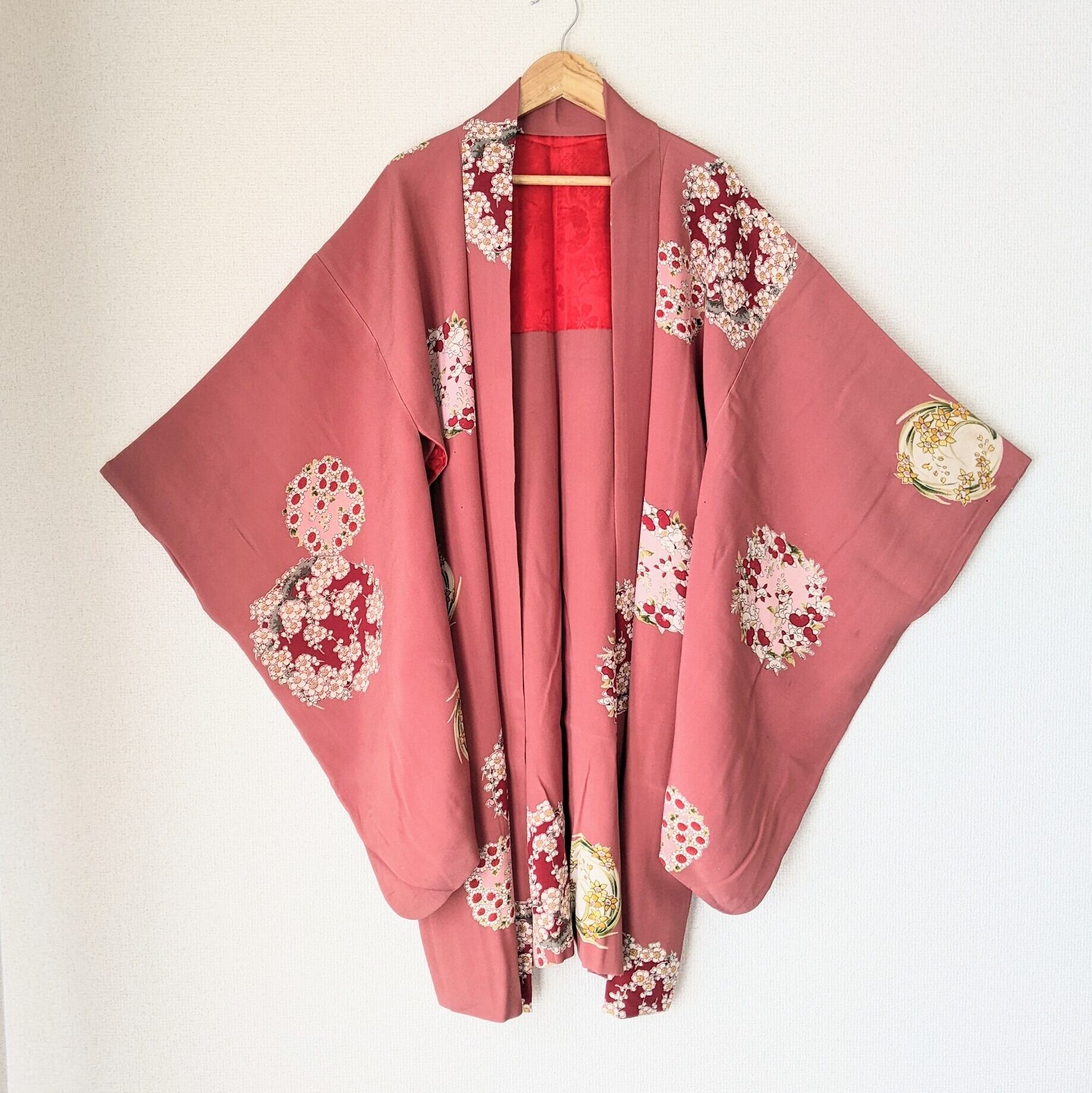 Vintage】HAORI 長羽織 羽織 正絹 縮緬 くすみピンク色 花丸文様 