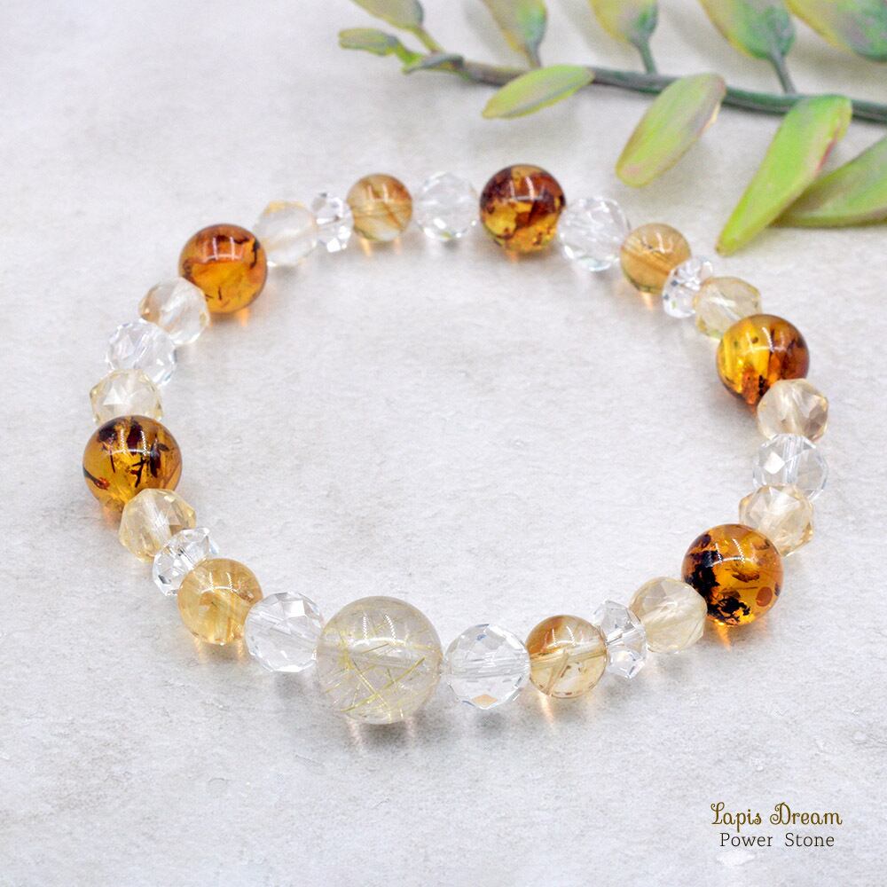 お金の巡りを優しく整えるお守り | ルチルクォーツ、アンバー(琥珀)のパワーストーン ブレスレット