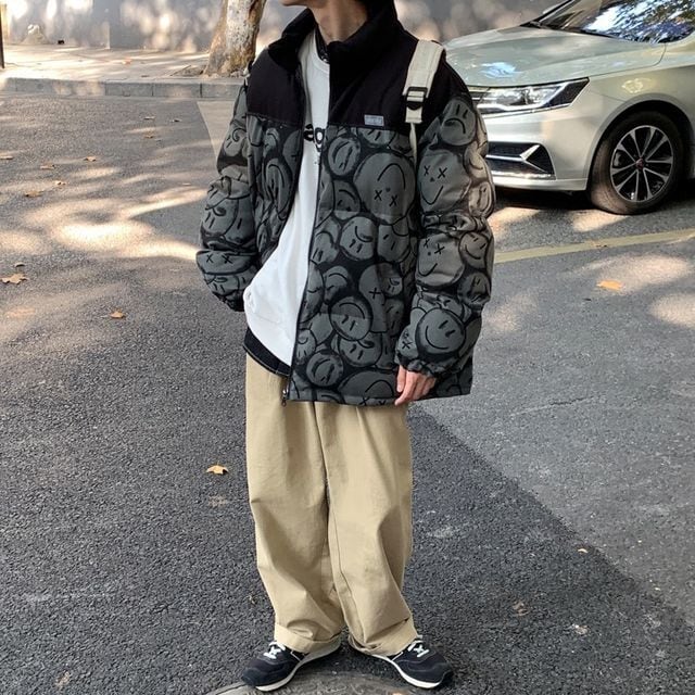 予約販売】ダウンジャケット スマイル柄 アウター ムートン ストリート