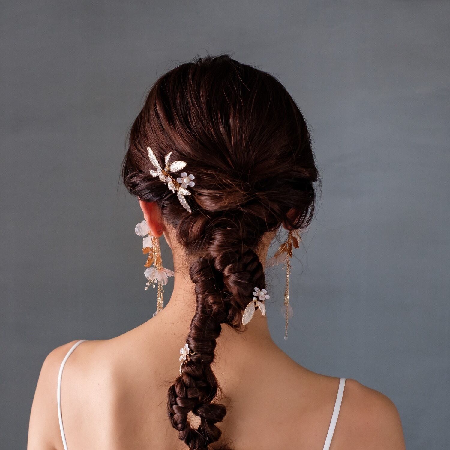 H-206 ウェディング アクセサリー【小枝 ピンクゴールド フラワーリーフ 3P ヘアピン】ブライダル 髪飾り