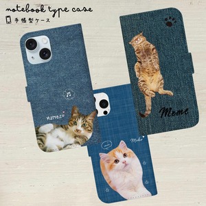 パパへのプレゼントに♥猫さん手帳型スマホケース★デニム柄（猫 ネコ ねこ 愛猫写真で♪）
