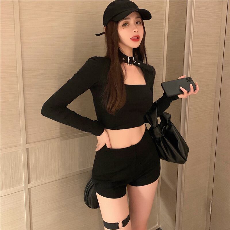 Tシャツ シャツ ショートオータムブラックトップス ロング レース 秋物 レースアップ スクウェア ステッチ ブラックストロベリース2272168812