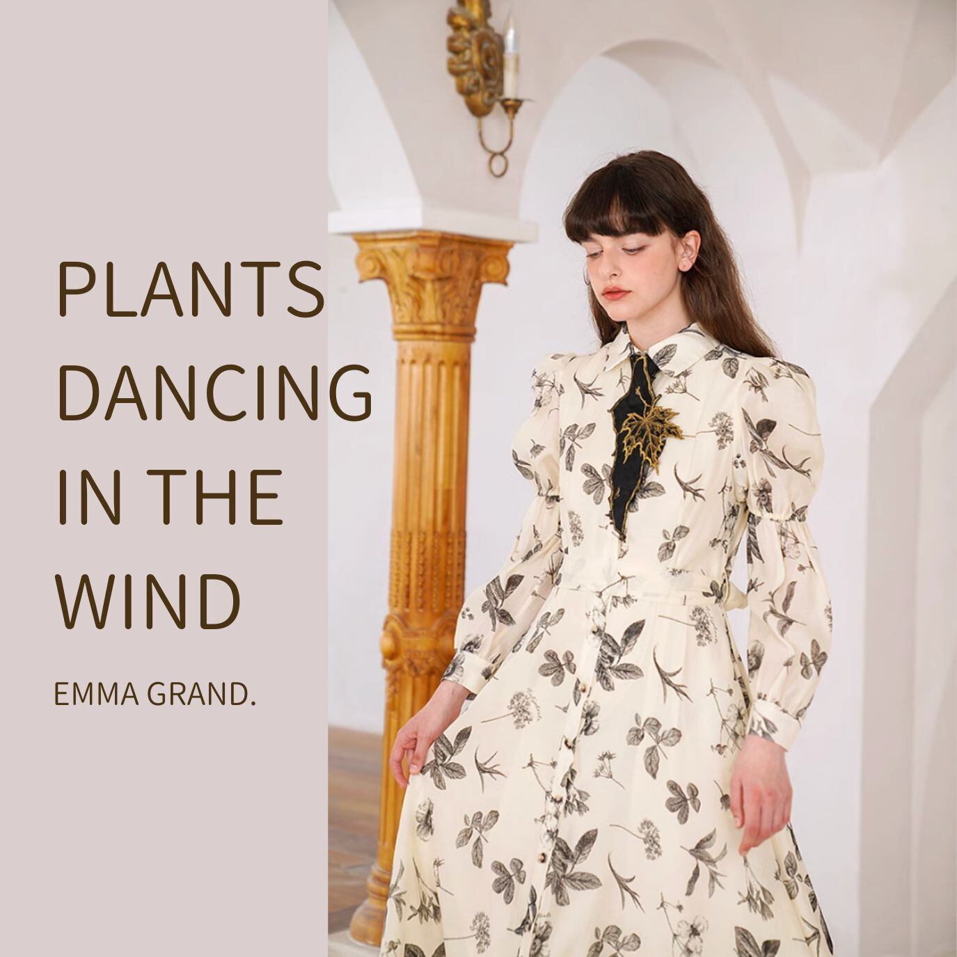 植物が風に舞うふんわり変形袖ワンピース E00462 | EMMA GRAND