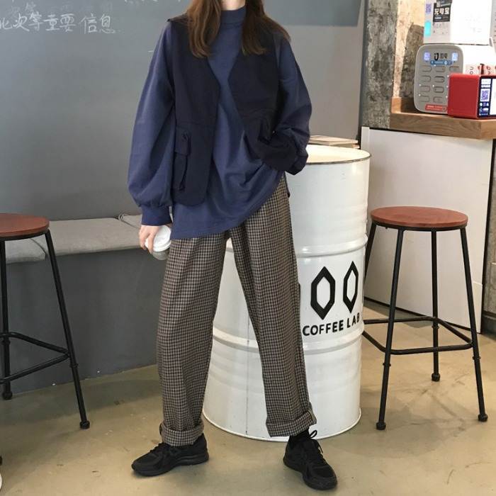 送料無料 ゆるカジスタイル チェック柄 ストレート ハンサム レトロ メンズライク カジュアル パンツ Lamitte Deco トレンド 韓国 ファッション ショップ Base店