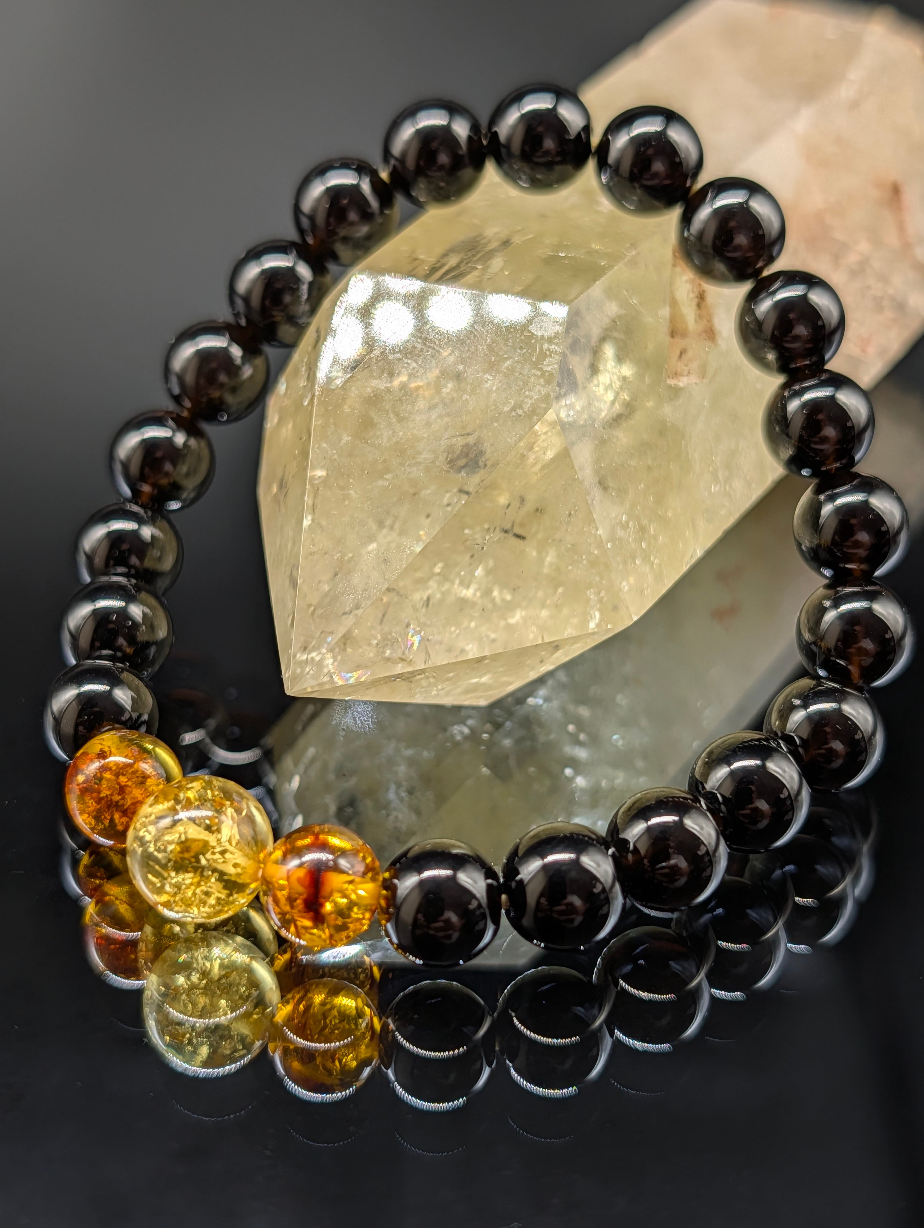 最高品質・鑑別済み・金運健康・守護】モリオン・アンバー 3連・8mm