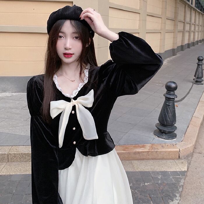 【新作】【送料無料】 [ゴールドベルベット]ファッショナブルな女性の新しい韓国スタイルフェイクツーピーススイートリボントップスプライシングプリンセスジャンプスーツ 0280755656292