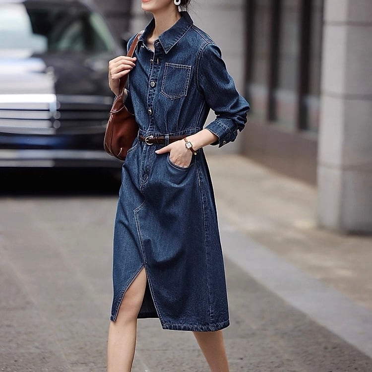 スリットデザインの細見えデニムドレス YH9480