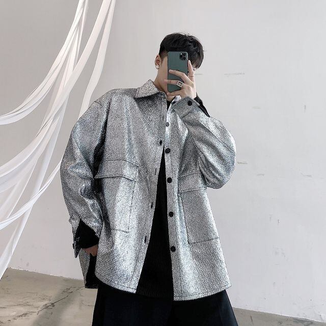 【予約販売】シャツ 長袖 メンズ メタリック オーバーサイズ レトロ シルバー ブルー カジュアル シンプル こなれ感 お洒落 韓国 トレンド 春 夏 秋 M/L/XL