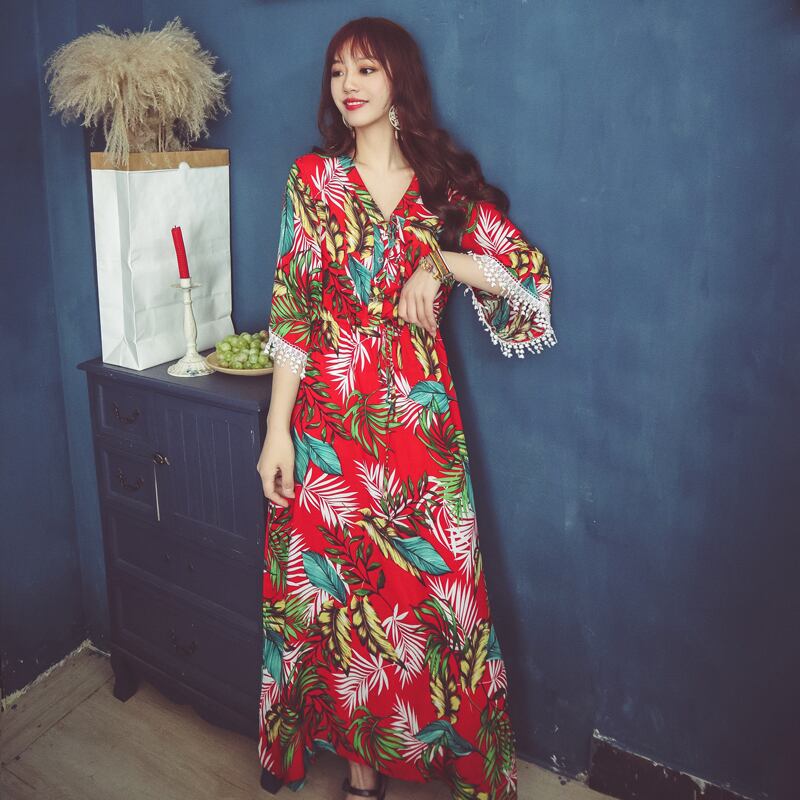 タイのドレスボヘミアンナショナルウィンドロングスカートレトロプリントtelストラップウエストホリデーレディースビーチスカート 延命家ファッション6718895