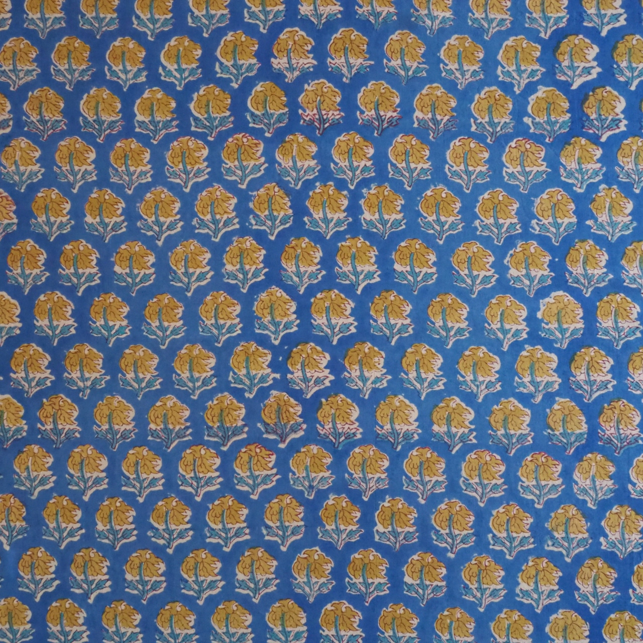 ブロックプリント生地【50cm単位】インド綿 小花柄 ブルー×黄色 #52616-BL2