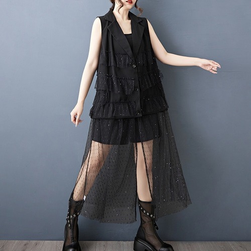sheer shiny vest onepiece / l0763