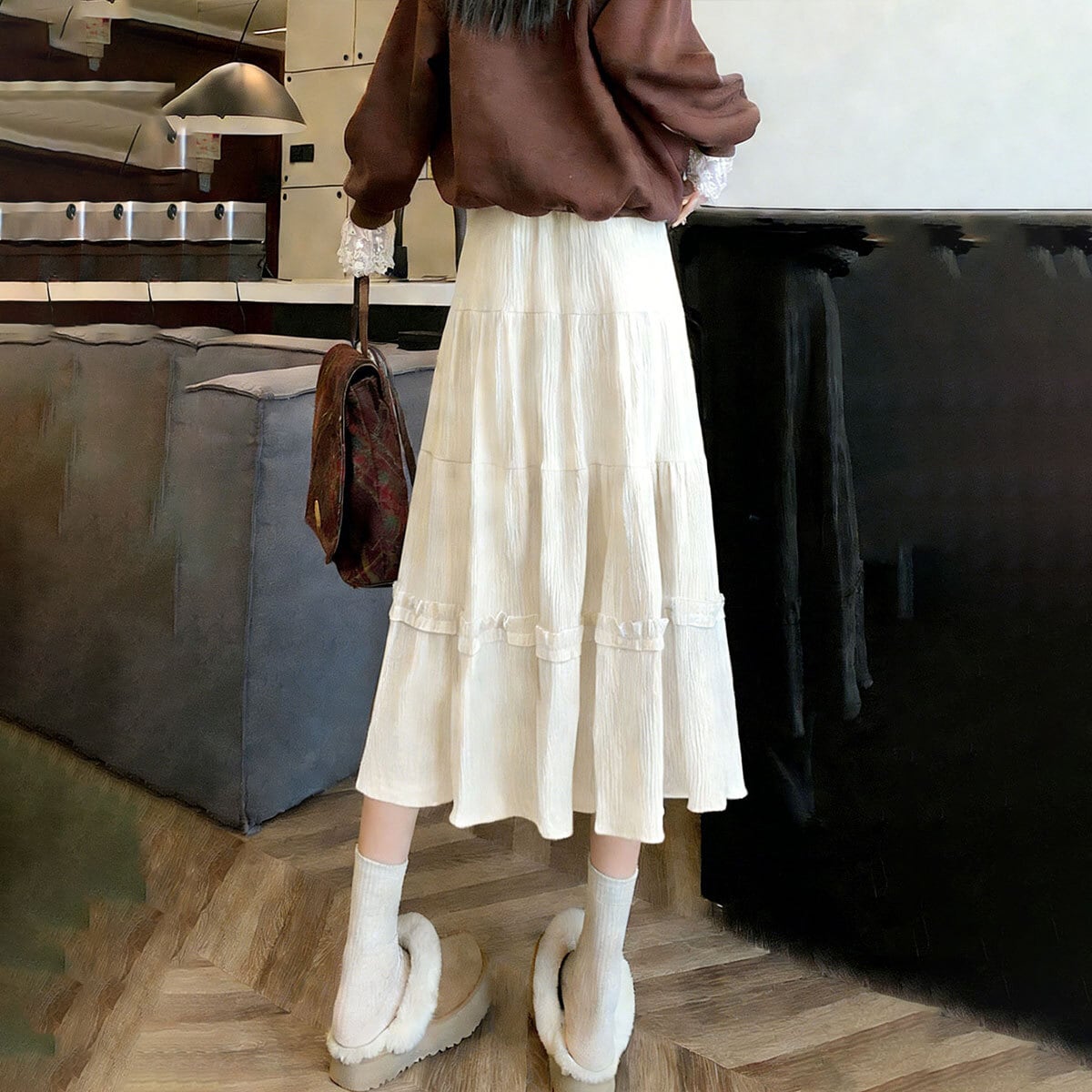 ティアード スカート コーデュロイ Aライン レディース 春秋冬 韓国 ロングスカート きれいめ 大人 かわいい おしゃれ シンプル ハイウエスト ミモレ丈 ウエストゴム 大人可愛い 大人女子