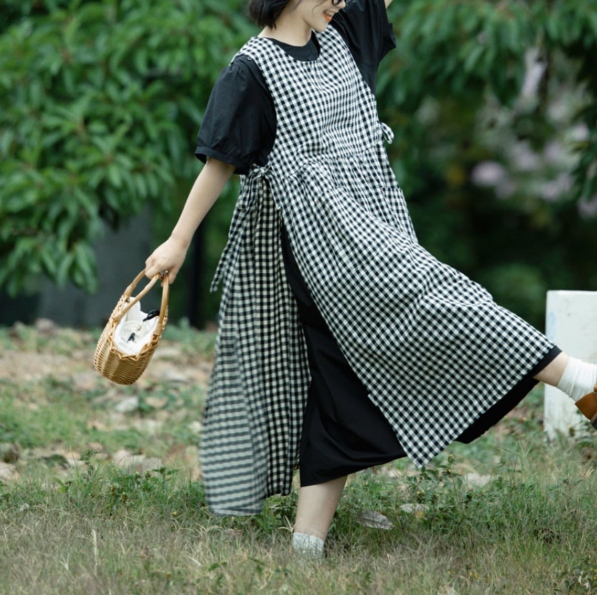 チェック柄 無地 エプロン ノースリーブワンピース レディース