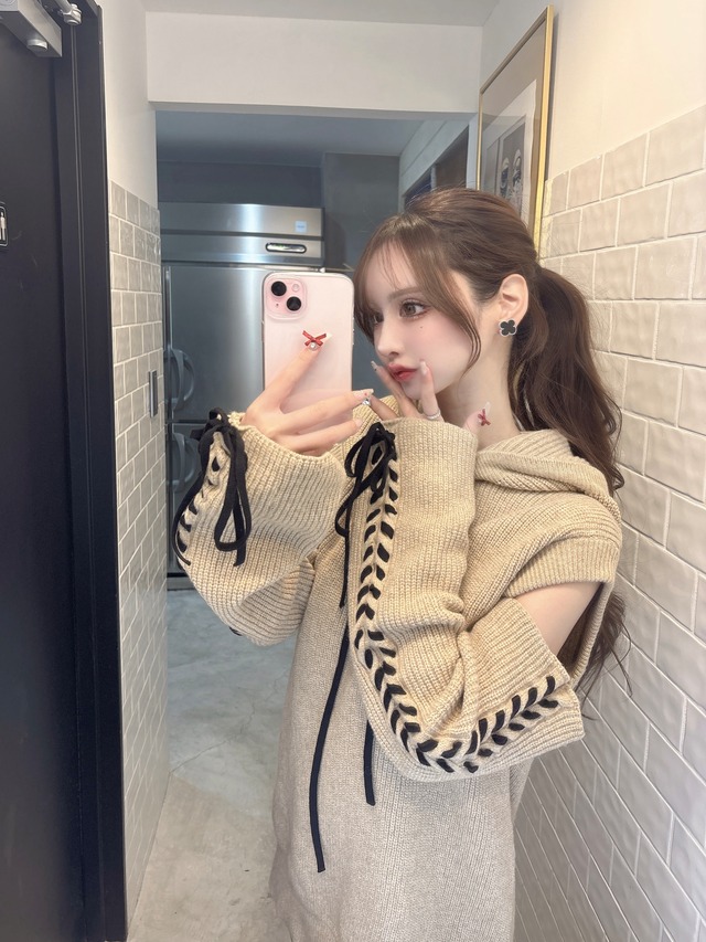 Lumignon original ♥ love ribbon hoodie knit pullover 【ベージュ×ブラック】