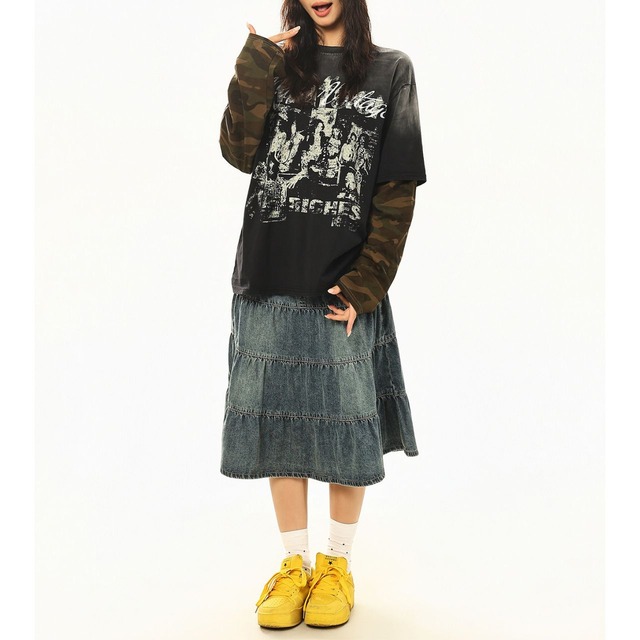 カモフラスリーブフェイクレイヤードフェードTシャツ 1col   R02509