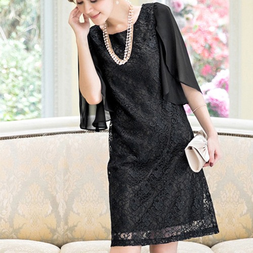 ドレス ワンピース シフォン ひざ丈 ラウンドネック 半袖 フレアスリーブ Iライン 体型カバー 刺繍 おしゃれ フォーマル 上品 大人 エレガント 結婚式 二次会 春夏 レディース　BADB0141