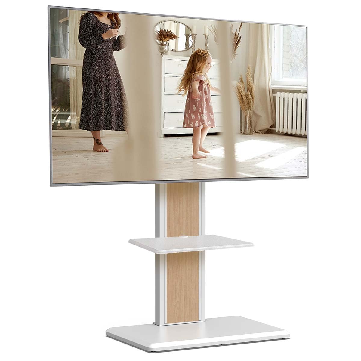 【努力特価】FITUEYES テレビスタンド ロータイプ 32-65インチテレビ対応 壁寄せ テレビ台 背面収納付 高さ角度調節可能 耐荷重40kg 中段棚一枚付 ホワイト オーク色 裏表両用 F02W2444N