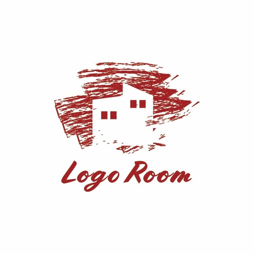 No503 ヴィンテージ風の建物のロゴ【赤、単色、建物、家、ヴィンテージ、手書き、クレヨン、不動産、リフォーム、建設、住宅、暮らし、ショップ】