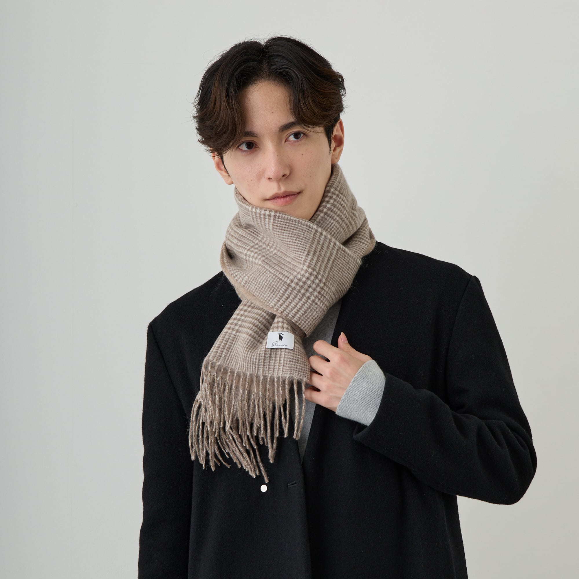 Elensia】カシミヤブレンドチェックマフラー <ブラウン> | Elensia