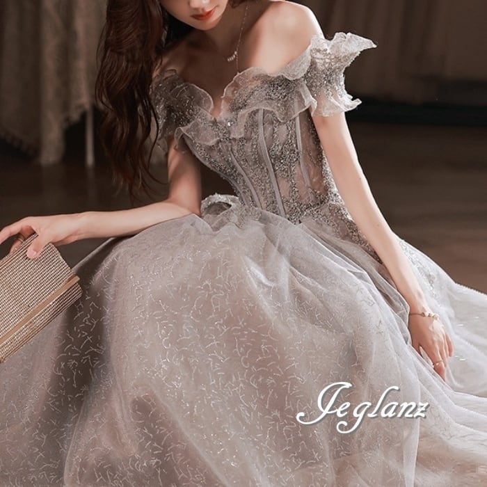 パーティ イブニングドレス 背中 編み上げ オフショル ラメ 光沢感(M8635)ε