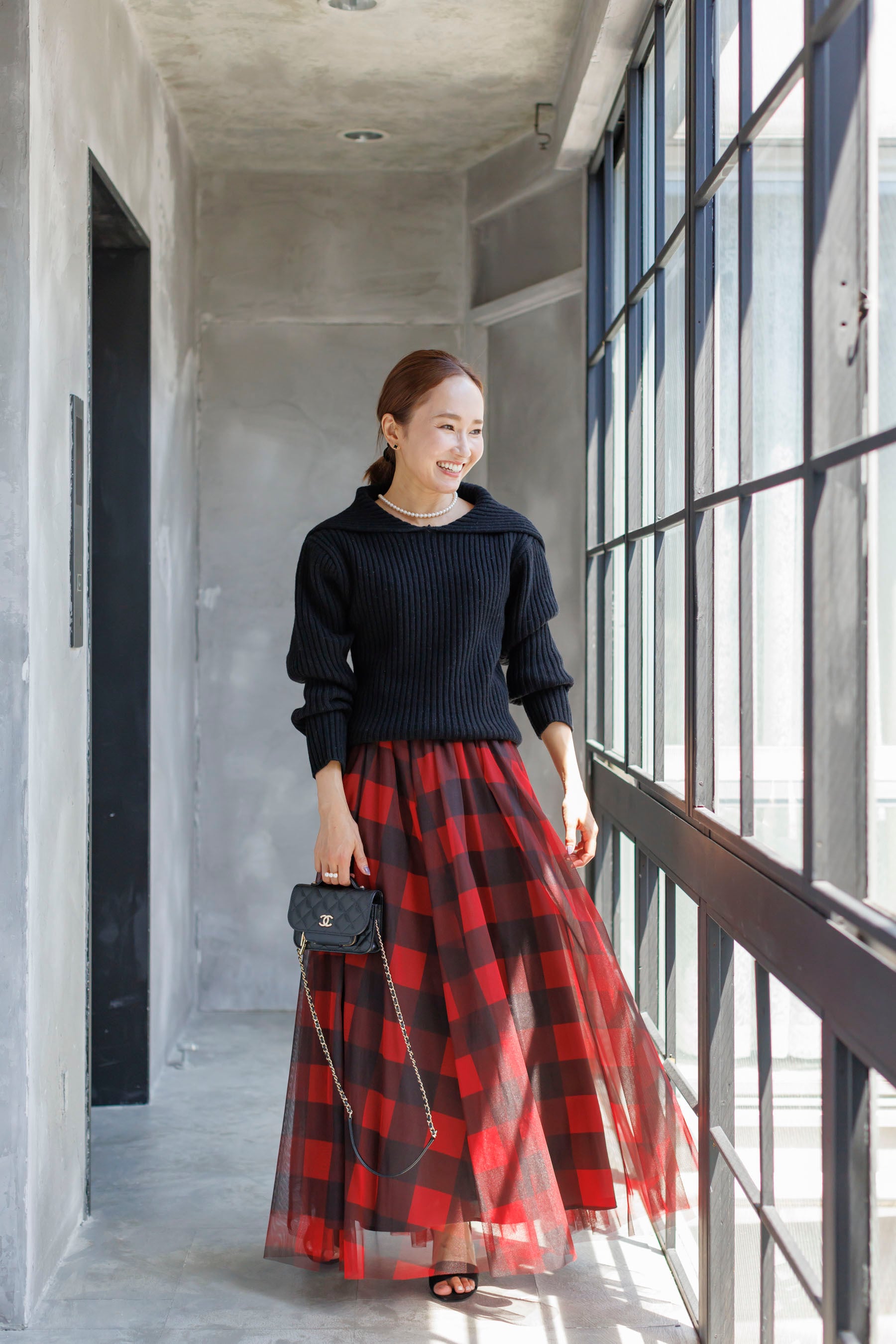 Block check tulle skirt　(red/green)