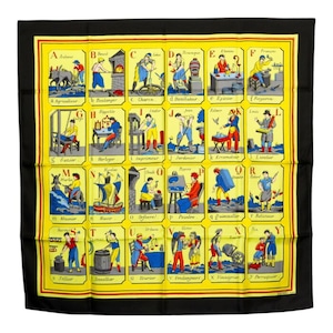 エルメス カレ90 L'ALPHABET DES METIERS 仕事のいろは スカーフ イエロー ブラック マルチカラー シルク レディース HERMES 中古