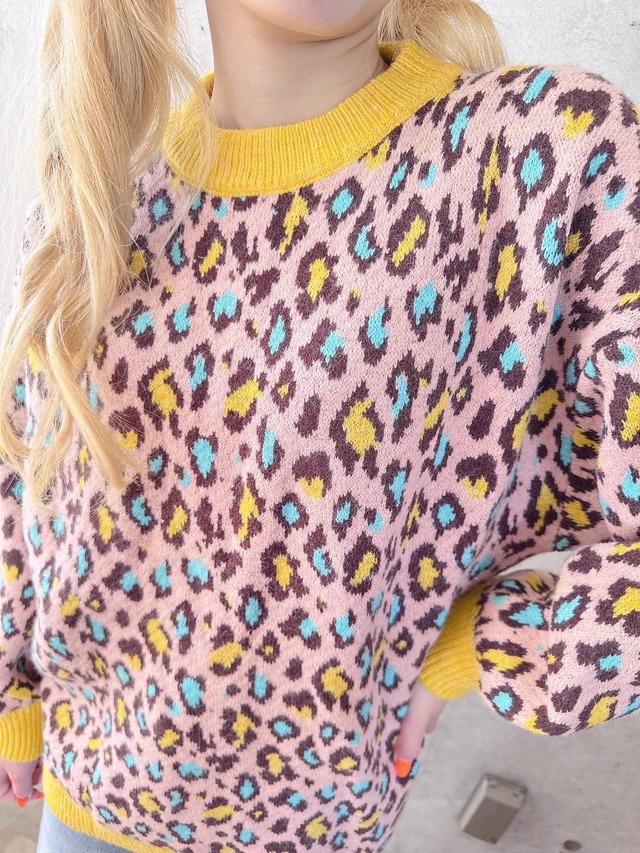 Pink×Yellowレオパードニットトップス♡/韓国/レディースファッション/可愛い/おしゃれ/ラフ/カジュアル/春/秋/冬（6-225）