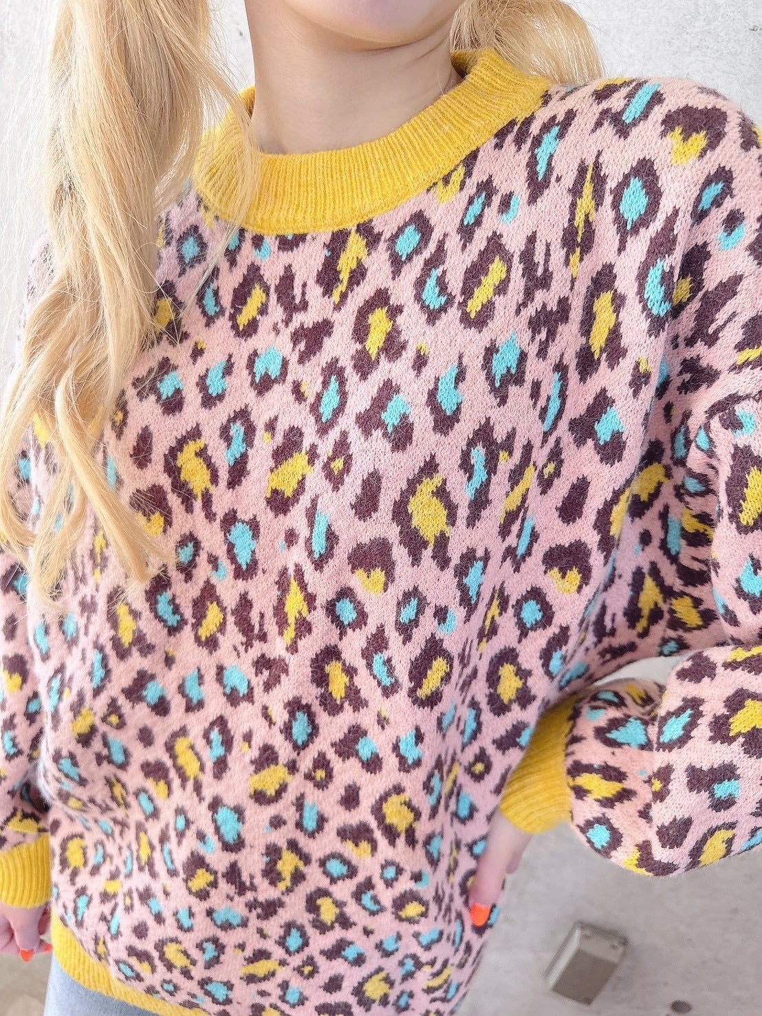 Pink×Yellowレオパードニットトップス♡/韓国/レディースファッション/可愛い/おしゃれ/ラフ/カジュアル/春/秋/冬(6-225)