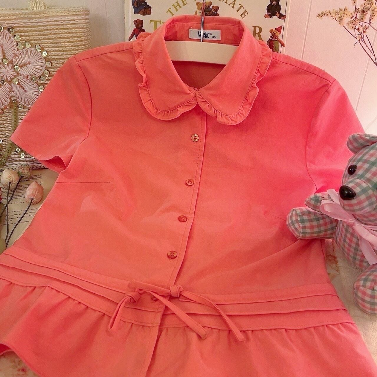 fluorescent pink frill blouse