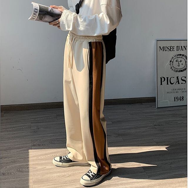 【予約販売】ジャージ メンズ サイドライン スエット ストリート ブラック ベージュ ダンス こなれ感 お洒落 韓国 トレンド 春 夏 秋 冬 M/L/XL/2XL