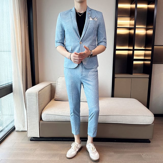 【予約販売】2点セット スーツ メンズ セットアップ 五分袖 ジャケット パンツ 総柄 男前 ブルー グレー コーヒー 上下 パーティ お出かけ パーティー 二次会 結婚式 夏 S/M/L/XL/2XL/3XL