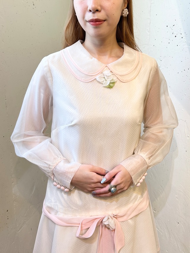 60’s polkadot white × baby pink dress