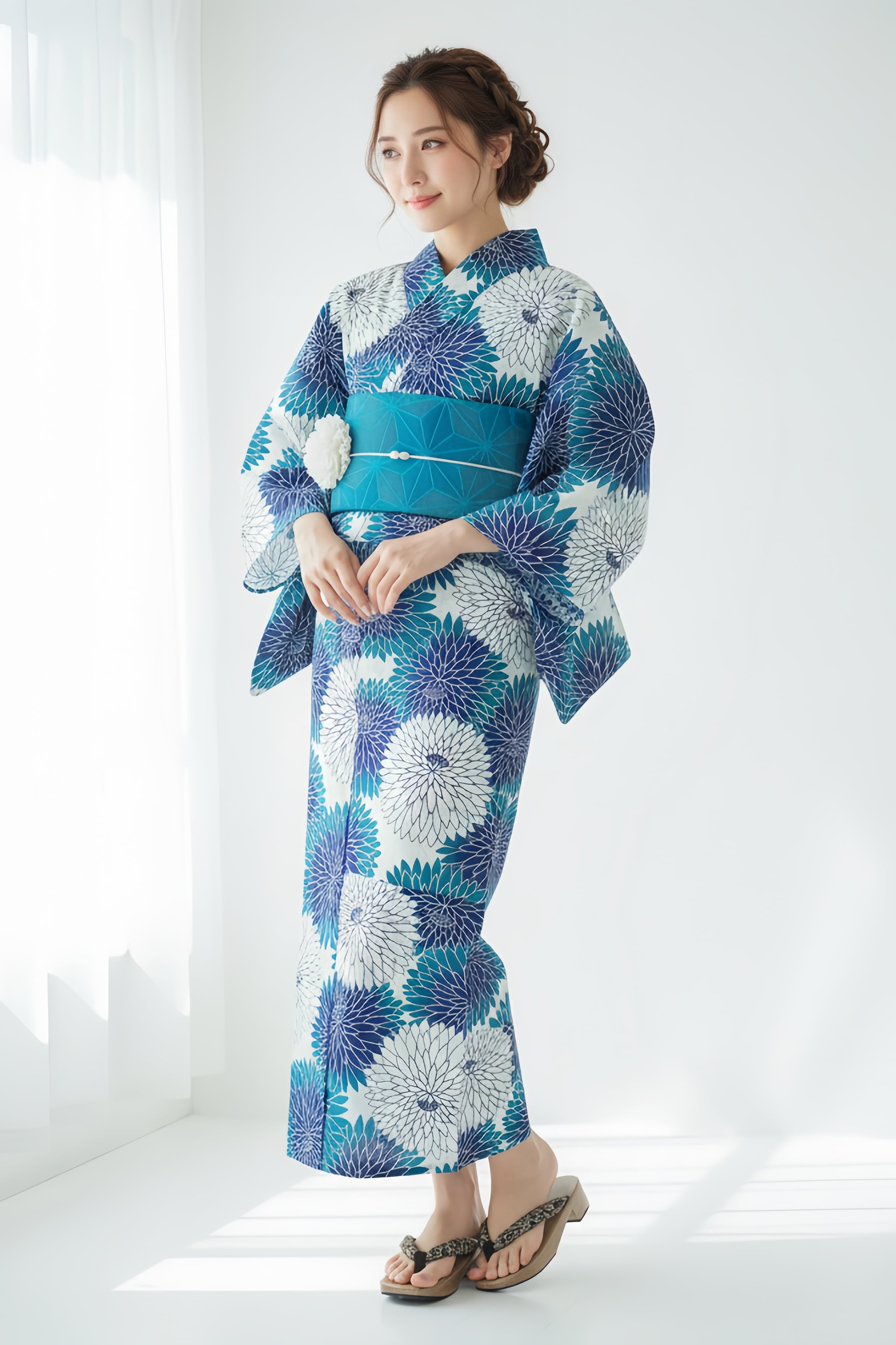 浴衣ジェンヌ 浴衣単品 ポリエステル 青 ブルー 白 ゆかた 浴衣ジェンヌ 浴衣5点セット 青 ターコイズ 白 綿 ゆかた 半幅帯 浴衣
