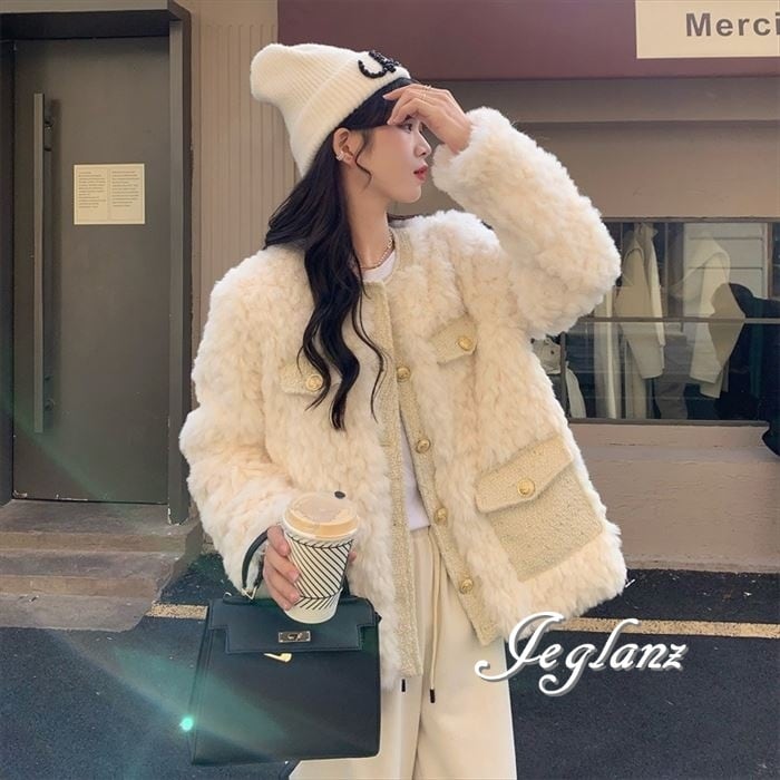 エコファー ジャケット 異素材 コンビ ツィード 映え カジュアル(O1182)φ