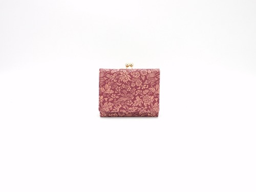 がま口財布（三つ折り）ボルド/ピンク　牡丹と鳳凰柄　