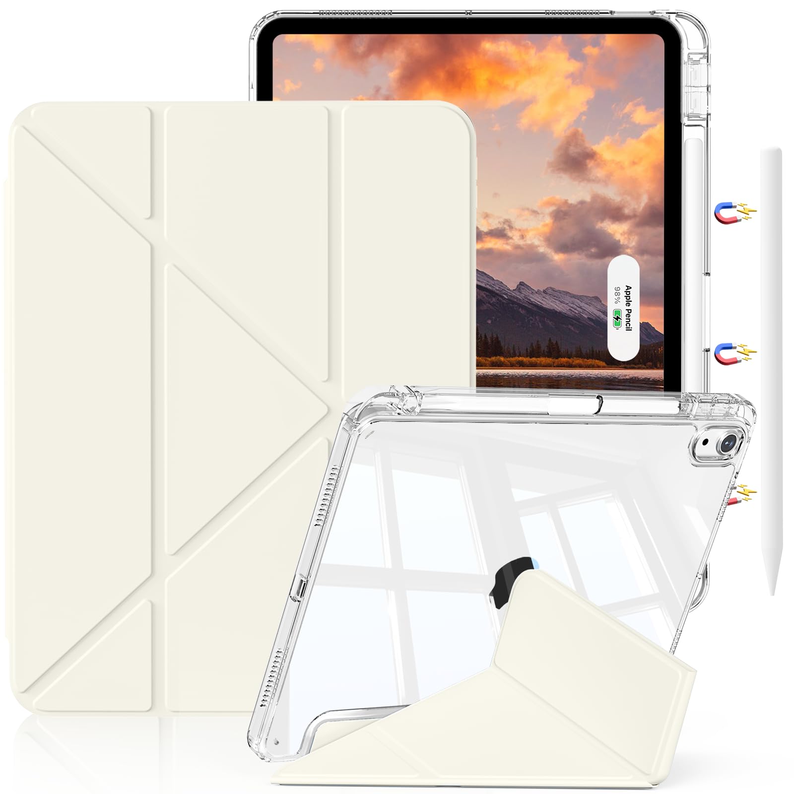 SQBEBS iPad Air 11インチ ケース M4/M3/M2 第8/7/6世代 (2026/2025/2024) iPad Air 第5/4世代 ケース 10.9インチ 透明 アクリル カバー ペンシルホルダー付き 三つ折り多機能 Y折りスタンド 縦置き/横置 オートスリープ 機能対応 超スリムス 耐衝撃 ホワイト