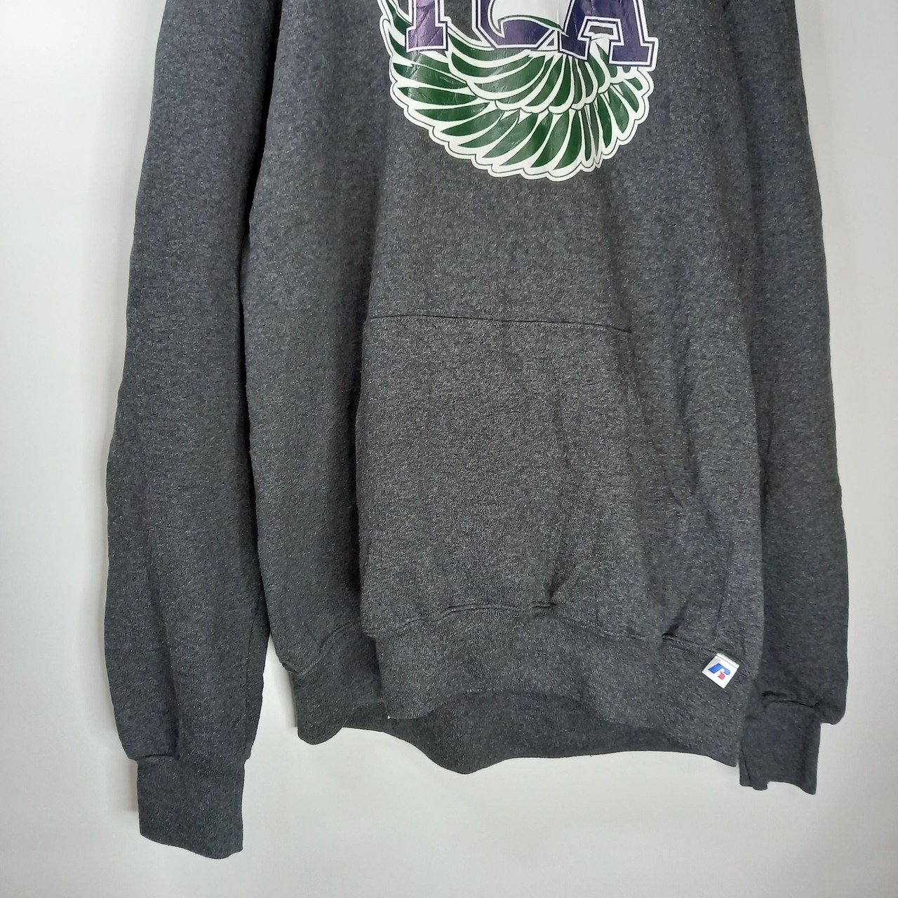 ラッセル　プルオーバーフーディー　パーカー　ビッグプリント　裏起毛　グレー　L