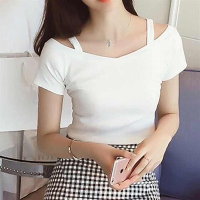 韓国ファッション肩トップ スリムVネックTシャツ２色