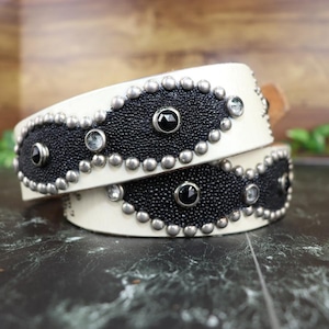 HTC ピーナッツスタッズベルト ホワイト×ブラック サイズ34 本革×エイ革