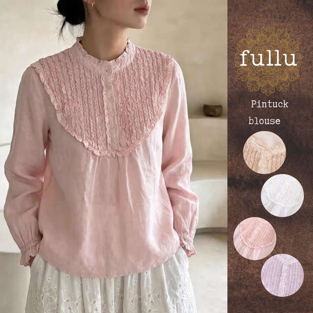 ラミー100 %クラシカルピンタックブラウス   4color  fu1069