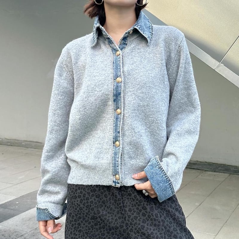 Denim collar knit cardigan 4 colors V2666