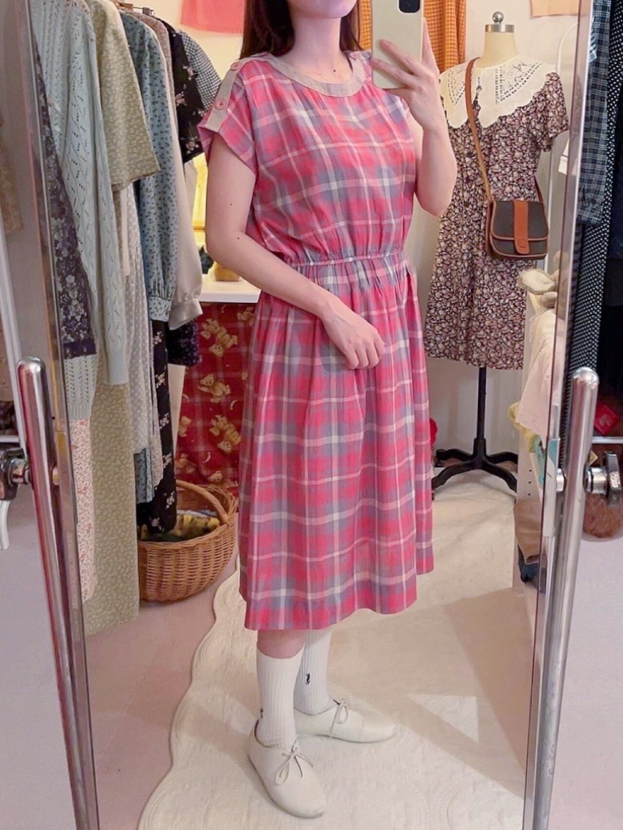 pink gray check button one-piece