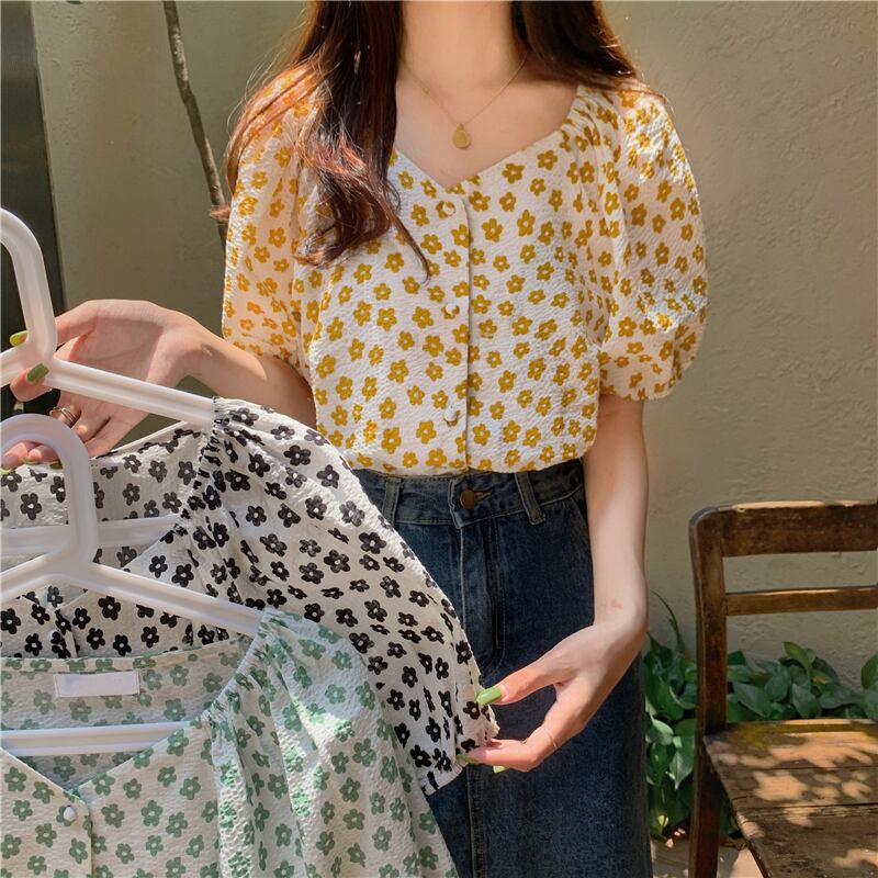 Vネックスリーブフローラルシャツ ブラウス サマー薄手 夏物 花柄 1号婦人14363306761