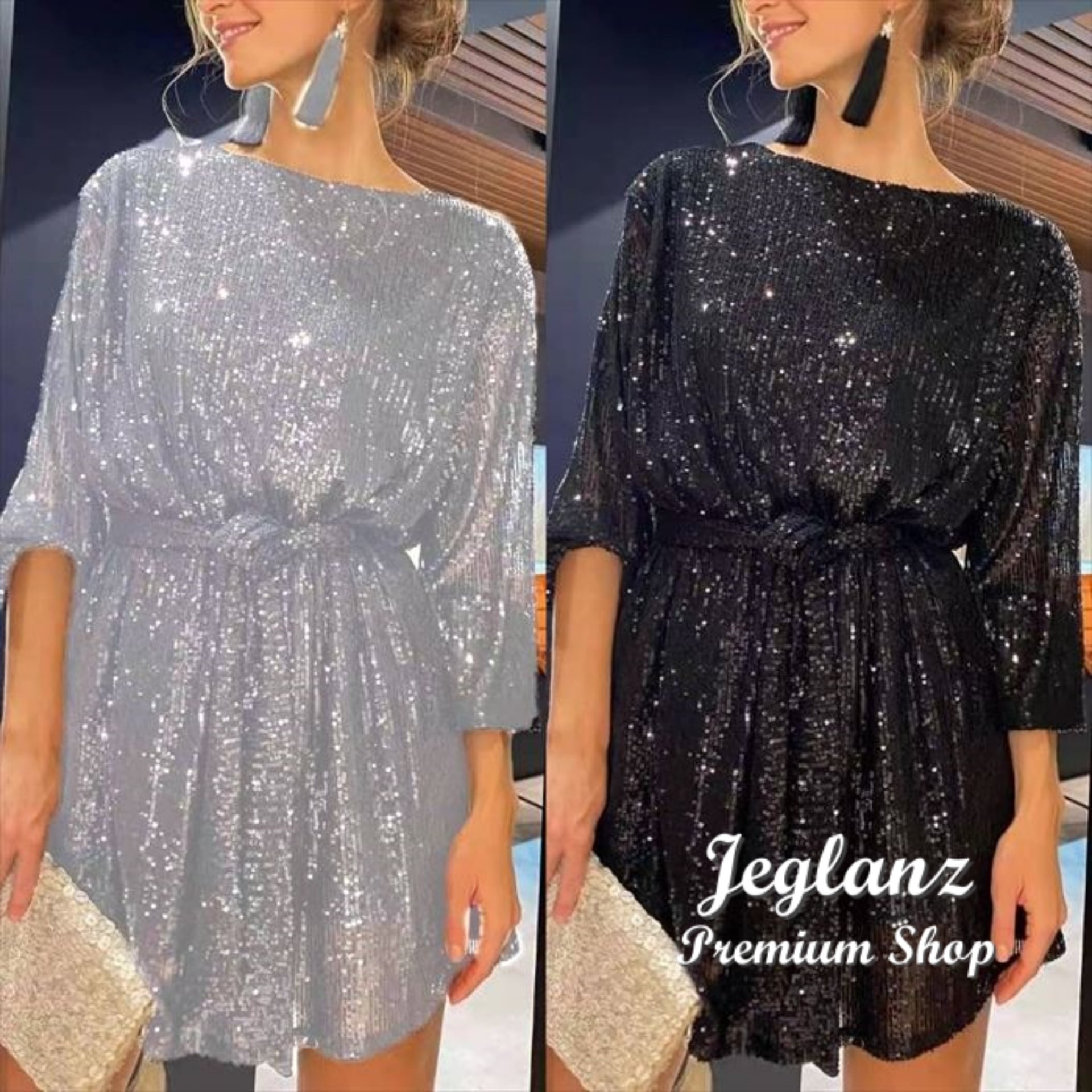 6色 パーティドレス 短め丈 ワンピース 共ベルト キラキラ 光沢感 (O1557)ζ