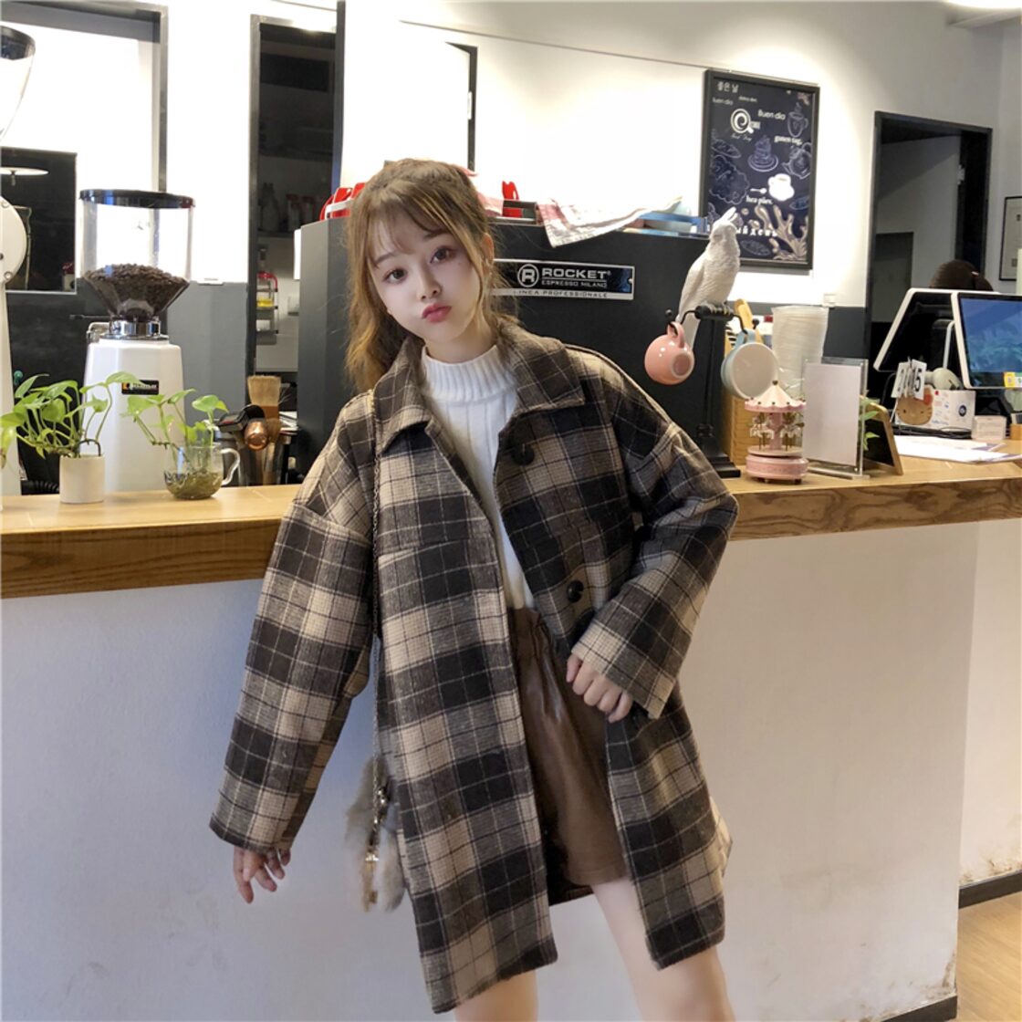 チェックコート ブラウン 韓国ファッション レディース コート 