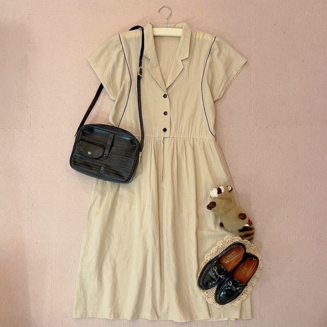 beige open collar one-piece