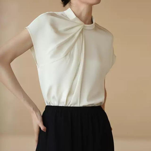 シャンパンホワイトネックドレープブラウス U0468