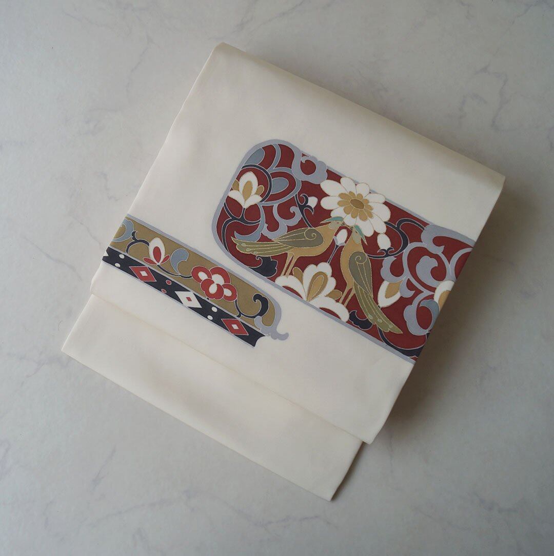 【なごや帯】白地 向かい鳥文 塩瀬なごや帯