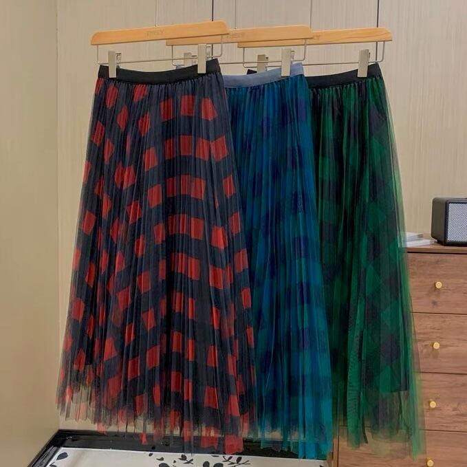 チェック柄チュールプリーツスカート 00149